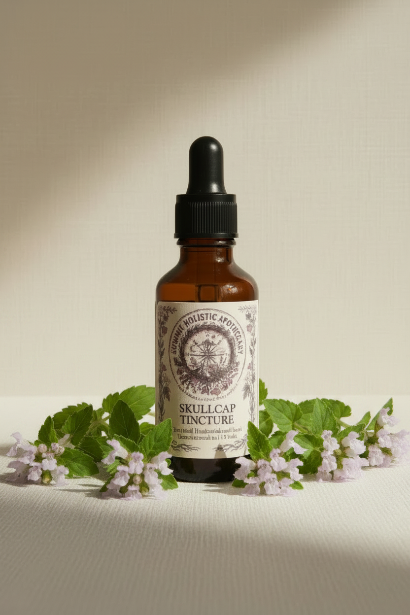 Amber dropper bottle of Skullcap Tincture surrounded by white American skullcap flowers